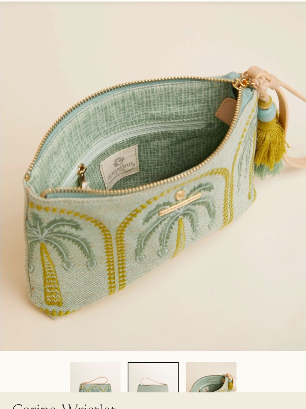 Spartina 449 Carina Sea Foam Palm Embroidered Wristlet with Tassel - Picture 3 of 5